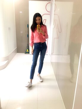 「H&M（エイチ・アンド・エム）のアイテム（デニムパンツ、ブルー系）」を使った、Xylona-Lionさん（レディース・165cm）の春コーディネート