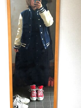 「シャツワンピ」｜「アイテム（スタジャン）」を使った、ろいどさん（レディース・151cm）の冬コーディネート
