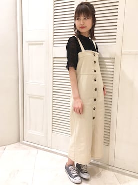 「mystic（ミスティック）のアイテム（ジャンパースカート）」を使った、shiraiさん（レディース・160cm）の春コーディネート