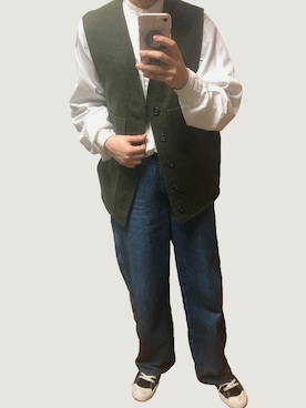 「ノーカラーシャツ」｜「アイテム（その他アウター）」を使った、sakiさん（レディース・155cm）の春コーディネート