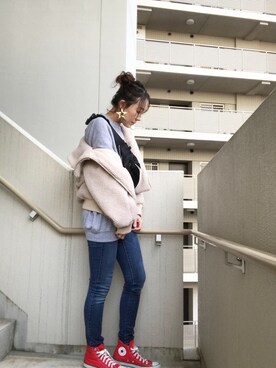 「赤コンバース」｜「アイテム（ブルゾン）」を使った、chan-miさん（レディース・163cm）の冬コーディネート