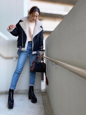 「MOUSSY（マウジー）のMVS SKINNY（デニムパンツ）」を使った、chan-miさん（レディース・163cm）の冬コーディネート