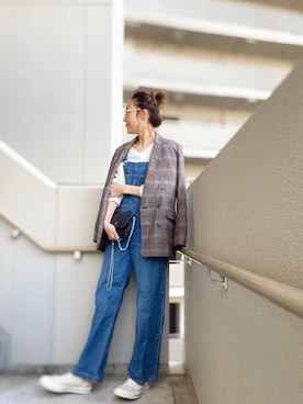 「チェックジャケット」｜「アイテム（サロペット/オーバーオール）」を使った、chan-miさん（レディース・163cm）の冬コーディネート