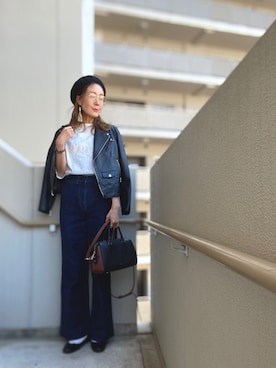 「green label relaxing（グリーンレーベルリラクシング）のアイテム（ライダースジャケット）」を使った、chan-miさん（レディース・163cm）の春コーディネート