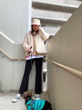 「H&M（エイチ・アンド・エム）のアイテム（帽子、ホワイト系）」を使った、chan-miさん（レディース・163cm）の秋コーディネート