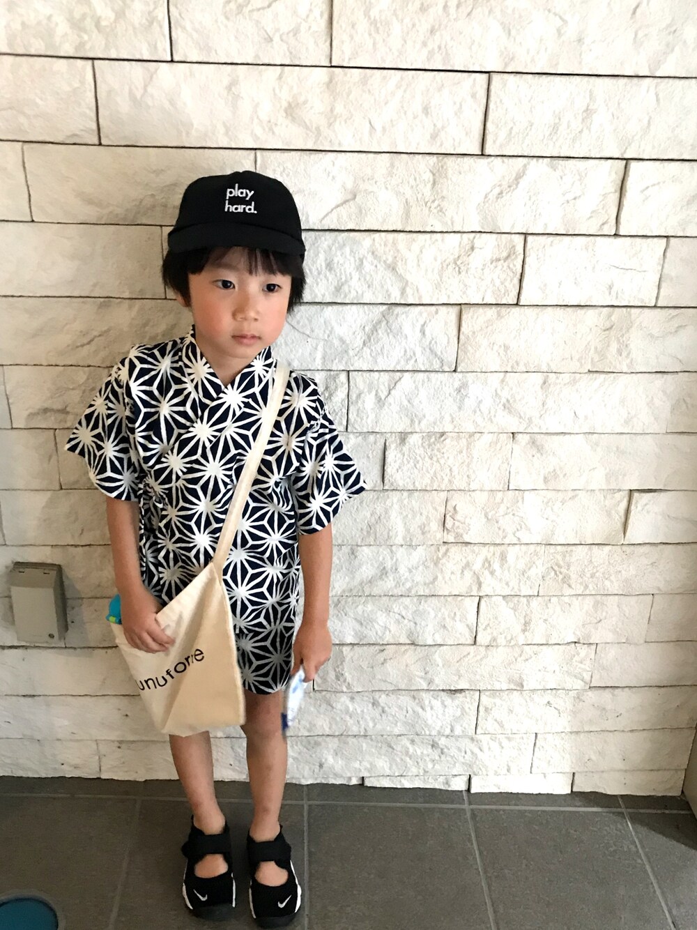 「甚平、男の子、キャップ、エアリフト」｜「しまむらのアイテム（浴衣、ブルー系）」を使った、Ryuさん（キッズ・100cm）の夏コーディネートの1枚目の写真