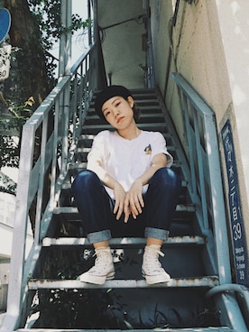 「Tシャツ×デニム」｜「アイテム（ハンチング/ベレー帽）」を使った、みねお   はるきさん（レディース・156cm）の夏コーディネート