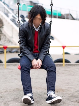 「Lui's（ルイス）のアイテム（ライダースジャケット）」を使った、こーぎーさん（メンズ・171cm）の冬コーディネート
