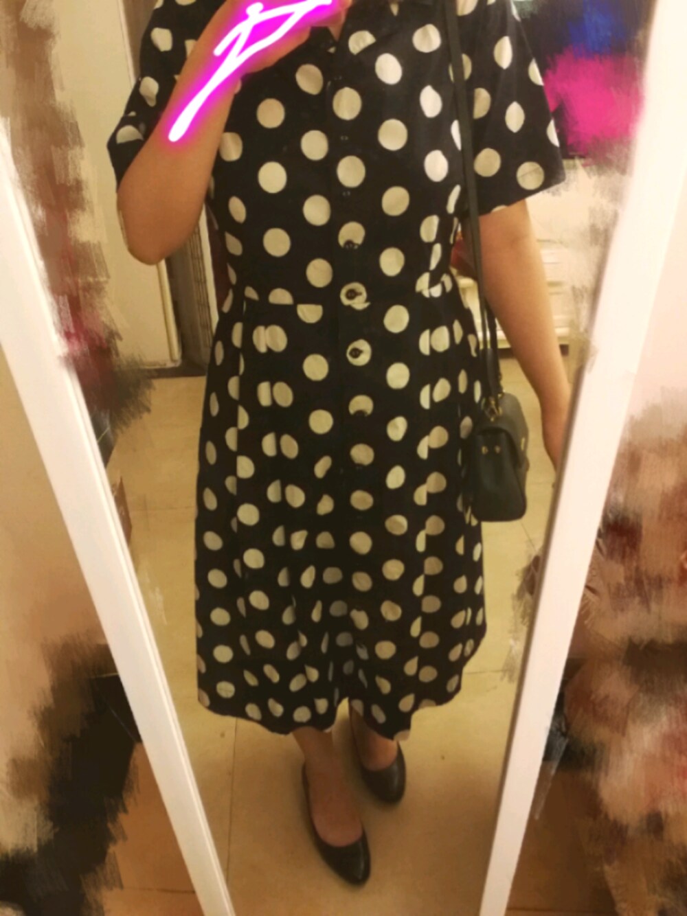 「ドット大好き」｜「Dot＆Stripes CHILD WOMANのブロードドットプリント 開衿シャツワンピース（ワンピース、ブラック系）」を使った、ゆうさん（レディース・163cm）の春コーディネートの1枚目の写真