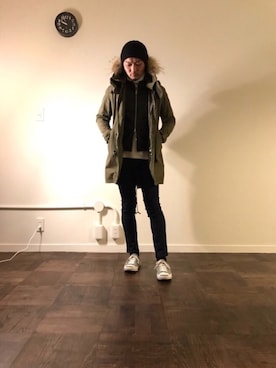 「HARE（ハレ）のアイテム（モッズコート、ブラック系）」を使った、だださん（メンズ・171cm）の冬コーディネート