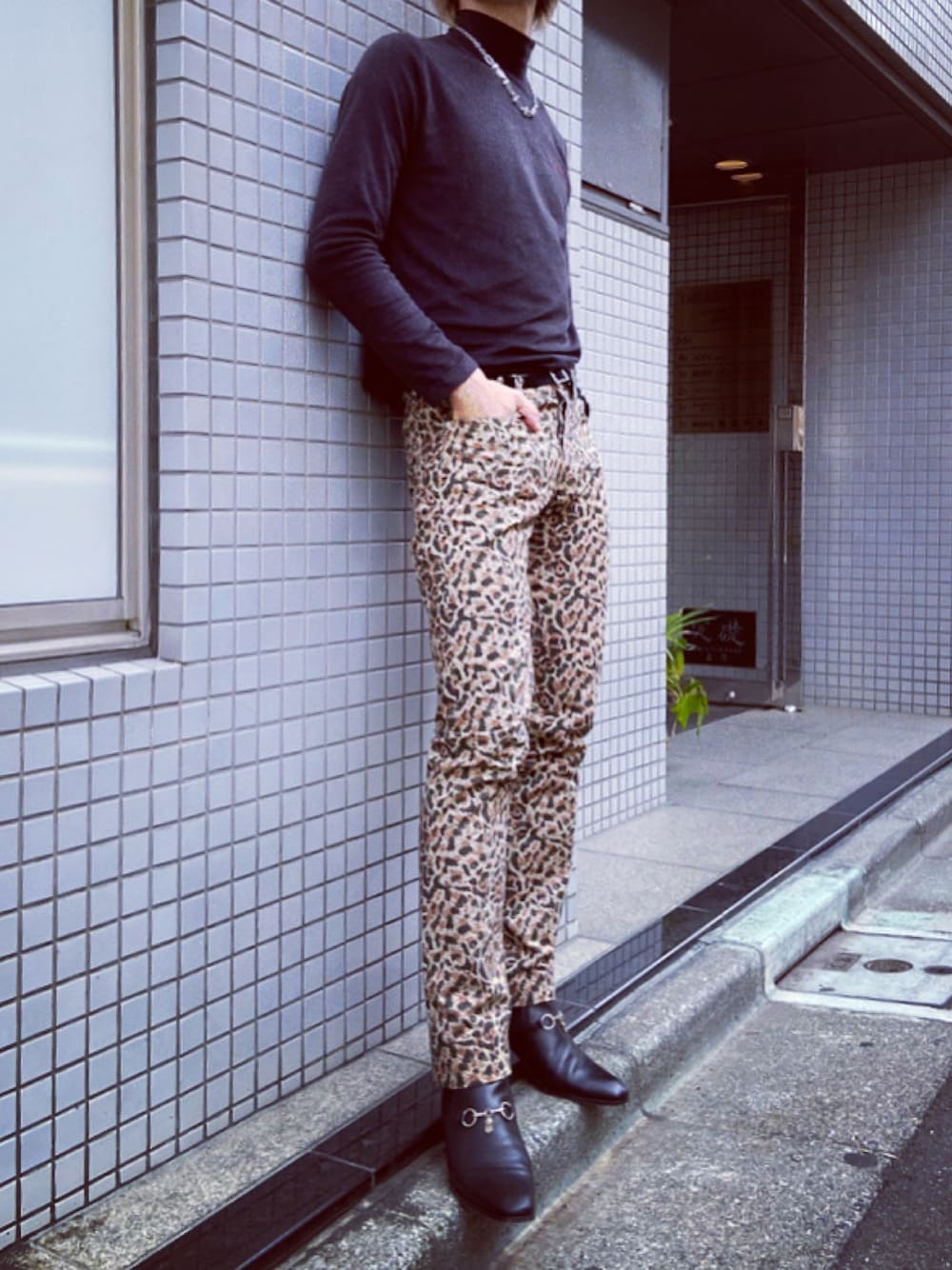 「ひょう柄、ヒョウ柄パンツ、ヒョウ柄コーデ、ロック、ロックテイスト、ロックコーデ、ロックスタイル、スキニー、ガラパン、柄パンツ」｜「A.P.C.のPETIT STANDARD 16P（その他パンツ、ブラウン系）」を使った、HarutakaTomiyoshiさん（メンズ・183cm）の秋コーディネートの1枚目の写真