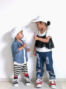 「H&M（エイチ・アンド・エム）のアイテム（帽子、ホワイト系）」を使った、ai☆kaaさん（キッズ・100cm）の夏コーディネート