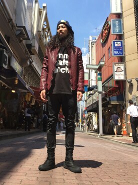 「アイテム（ライダースジャケット、パープル系）」を使った、souyaさん（メンズ・172cm）の夏コーディネート