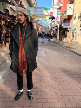 「junhashimoto（ジュンハシモト）のアイテム（ダウンジャケット/コート）」を使った、souyaさん（メンズ・172cm）の冬コーディネート