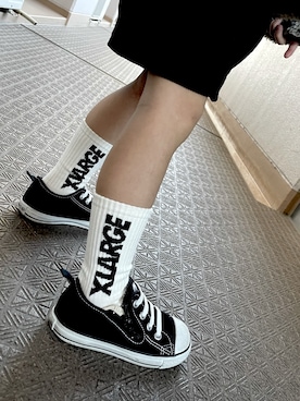 「XLARGE KIDS（エクストララージキッズ）の縦ロゴクルーソックス（ソックス/靴下、ホワイト系）」を使った、yuzuyu2015さん（キッズ）の冬コーディネート