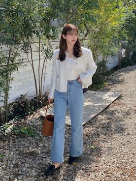 「韓国」｜「アイテム（ノーカラージャケット）」を使った、enoさん（レディース・165cm）の春コーディネート