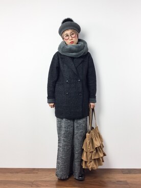 「カットオフ」｜「アイテム（ピーコート）」を使った、ひいこさん（レディース・154cm）の冬コーディネート