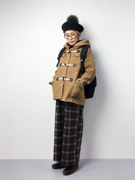 「メガネ女子」｜「アイテム（ダッフルコート）」を使った、ひいこさん（レディース・154cm）の冬コーディネート