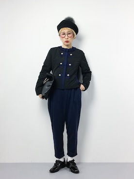 「金髪」｜「アイテム（ノーカラージャケット）」を使った、ひいこさん（レディース・154cm）の冬コーディネート