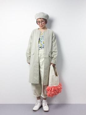 「フリルトート」｜「アイテム（ハンチング/ベレー帽）」を使った、ひいこさん（レディース・154cm）の春コーディネート