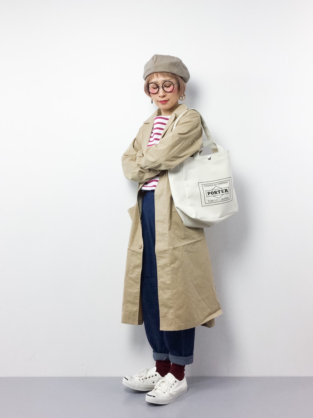 「ベレー帽、PORTER、しましま、ショップコート、大人カジュアル、丸メガネ、ボーダートップス、春コーデ、テーパードデニム、チビーズ✳︎」｜「MERLOTのコットンツイルベレー帽9793（ハンチング/ベレー帽、ブラウン系）」を使った、ひいこさん（レディース・154cm）の春コーディネートの1枚目の写真