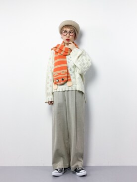 「ネコ」｜「アイテム（ハンチング/ベレー帽）」を使った、ひいこさん（レディース・154cm）の春コーディネート