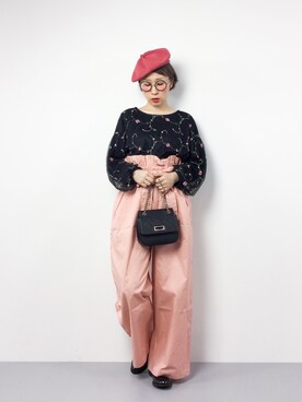 「ウエストイン」｜「アイテム（ハンチング/ベレー帽）」を使った、ひいこさん（レディース・154cm）の春コーディネート