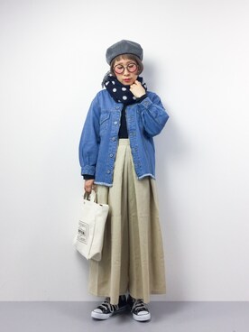「ノーカラー」｜「アイテム（ハンチング/ベレー帽）」を使った、ひいこさん（レディース・154cm）の春コーディネート