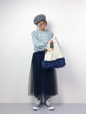 「フリルトート」｜「アイテム（ハンチング/ベレー帽）」を使った、ひいこさん（レディース・154cm）の春コーディネート
