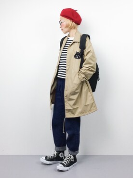 「にゃー（ニャー）のアイテム（ステンカラーコート）」を使った、ひいこさん（レディース・154cm）の春コーディネート