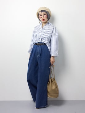 「スリット」｜「アイテム（ハンチング/ベレー帽）」を使った、ひいこさん（レディース・154cm）の春コーディネート