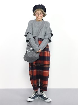 「MERLOT（メルロー）のリブニットティアードフリル袖プルオーバー640-8527（ニット/セーター）」を使った、ひいこさん（レディース・154cm）の秋コーディネート