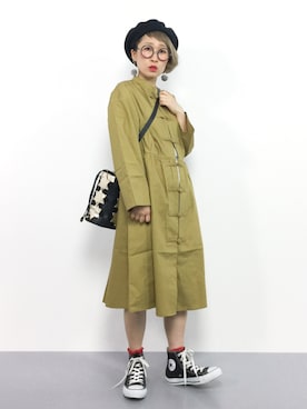 「マスタード」｜「アイテム（シャツワンピース）」を使った、ひいこさん（レディース・154cm）の秋コーディネート