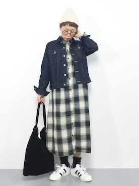 「チェックワンピース」｜「アイテム（デニムジャケット）」を使った、ひいこさん（レディース・154cm）の秋コーディネート