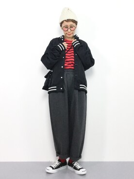 「ジャックパーセル」｜「アイテム（スタジャン）」を使った、ひいこさん（レディース・154cm）の秋コーディネート