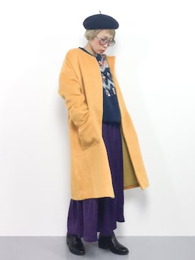 「黄色」｜「アイテム（ノーカラージャケット）」を使った、ひいこさん（レディース・154cm）の秋コーディネート