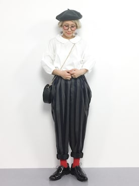 「ウエストイン」｜「アイテム（ハンチング/ベレー帽）」を使った、ひいこさん（レディース・154cm）の秋コーディネート