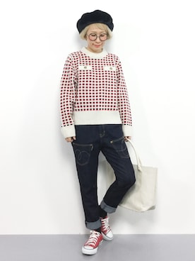 「クルーネック」｜「アイテム（ハンチング/ベレー帽）」を使った、ひいこさん（レディース・154cm）の秋コーディネート