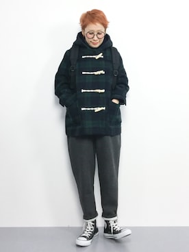 「フードコート」｜「アイテム（ダッフルコート）」を使った、ひいこさん（レディース・154cm）の冬コーディネート