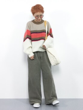 「AMERICAN HOLIC（アメリカンホリック）の【追加生産】太コーデュロイワイドパンツ（その他パンツ）」を使った、ひいこさん（レディース・154cm）の冬コーディネート