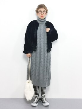 「ボーダーソックス」｜「アイテム（ワンピース/ドレス）」を使った、ひいこさん（レディース・154cm）の冬コーディネート