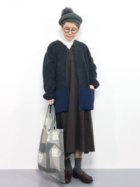 「Ne-net（ネネット）のアイテム（ノーカラージャケット）」を使った、ひいこさん（レディース・154cm）の冬コーディネート