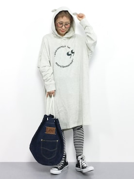 「ボーダーソックス」｜「アイテム（ワンピース/ドレス）」を使った、ひいこさん（レディース・154cm）の冬コーディネート