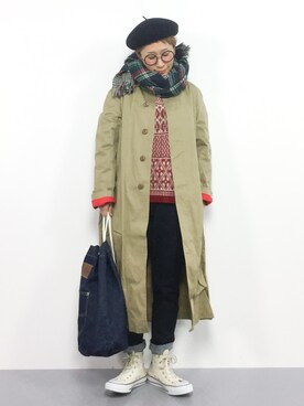 「チェックマフラー」｜「アイテム（その他アウター）」を使った、ひいこさん（レディース・154cm）の冬コーディネート