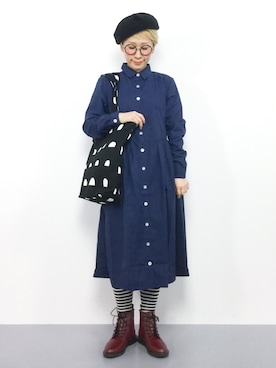 「ボーダーソックス」｜「アイテム（ワンピース/ドレス）」を使った、ひいこさん（レディース・154cm）の冬コーディネート