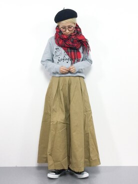 「赤チェック」｜「アイテム（ハンチング/ベレー帽）」を使った、ひいこさん（レディース・154cm）の冬コーディネート