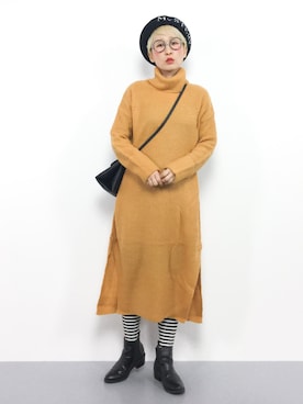 「ボーダーソックス」｜「アイテム（ワンピース/ドレス）」を使った、ひいこさん（レディース・154cm）の冬コーディネート