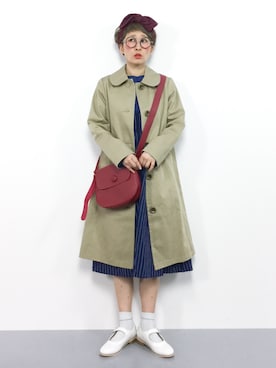 「ストライプワンピース」｜「アイテム（ステンカラーコート）」を使った、ひいこさん（レディース・154cm）の冬コーディネート