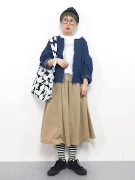 「ボーダーソックス」｜「アイテム（デニムジャケット）」を使った、ひいこさん（レディース・154cm）の春コーディネート