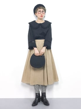 「ボーダーソックス」｜「アイテム（ハンチング/ベレー帽）」を使った、ひいこさん（レディース・154cm）の冬コーディネート
